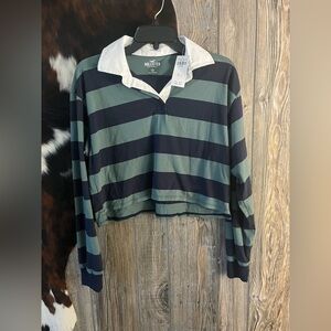 Hollister size XS blue and green striped white crop long sleeve collared polo